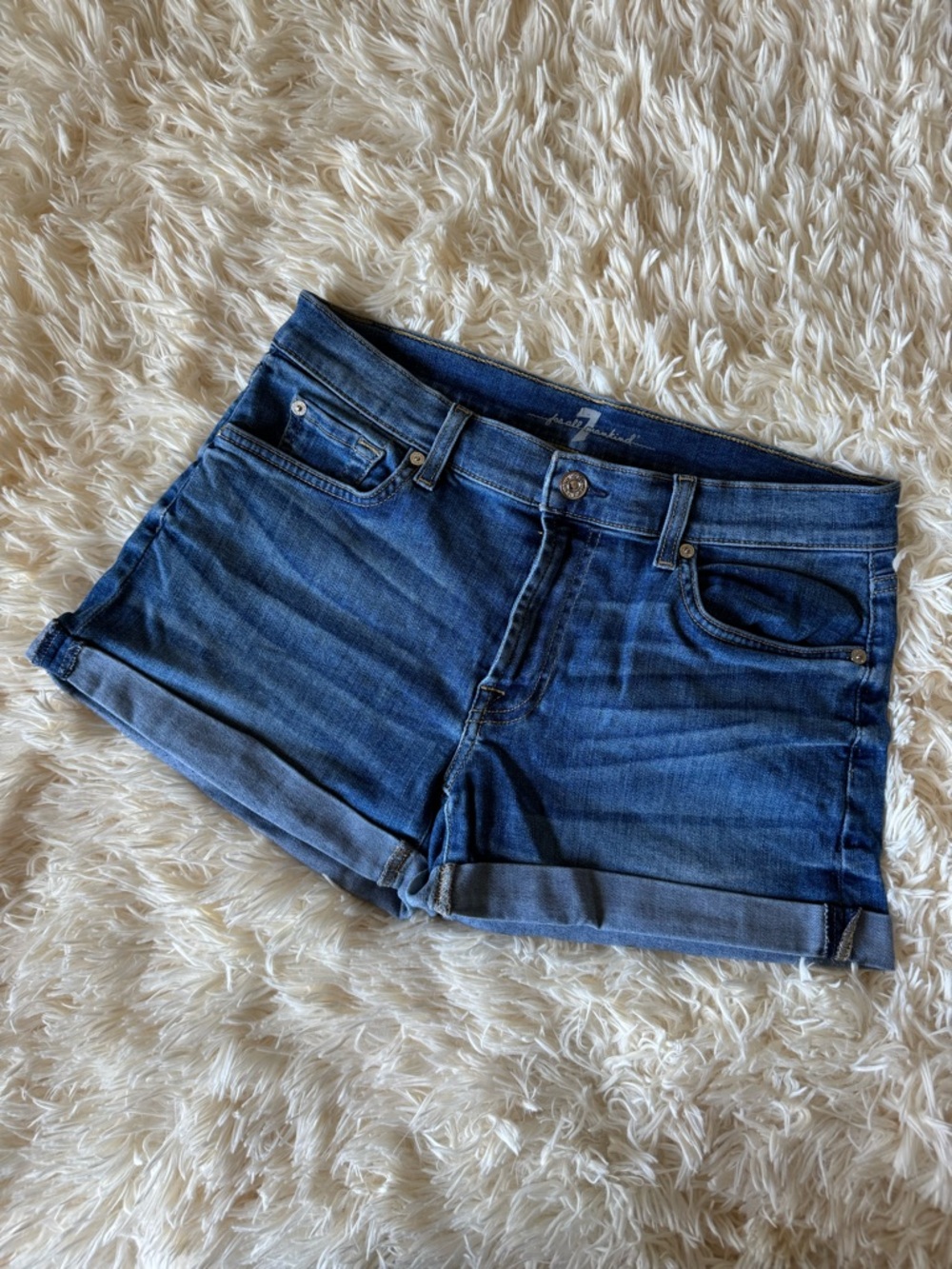 7 For All Mankind Blue Roll-Cuff Denim Shorts
